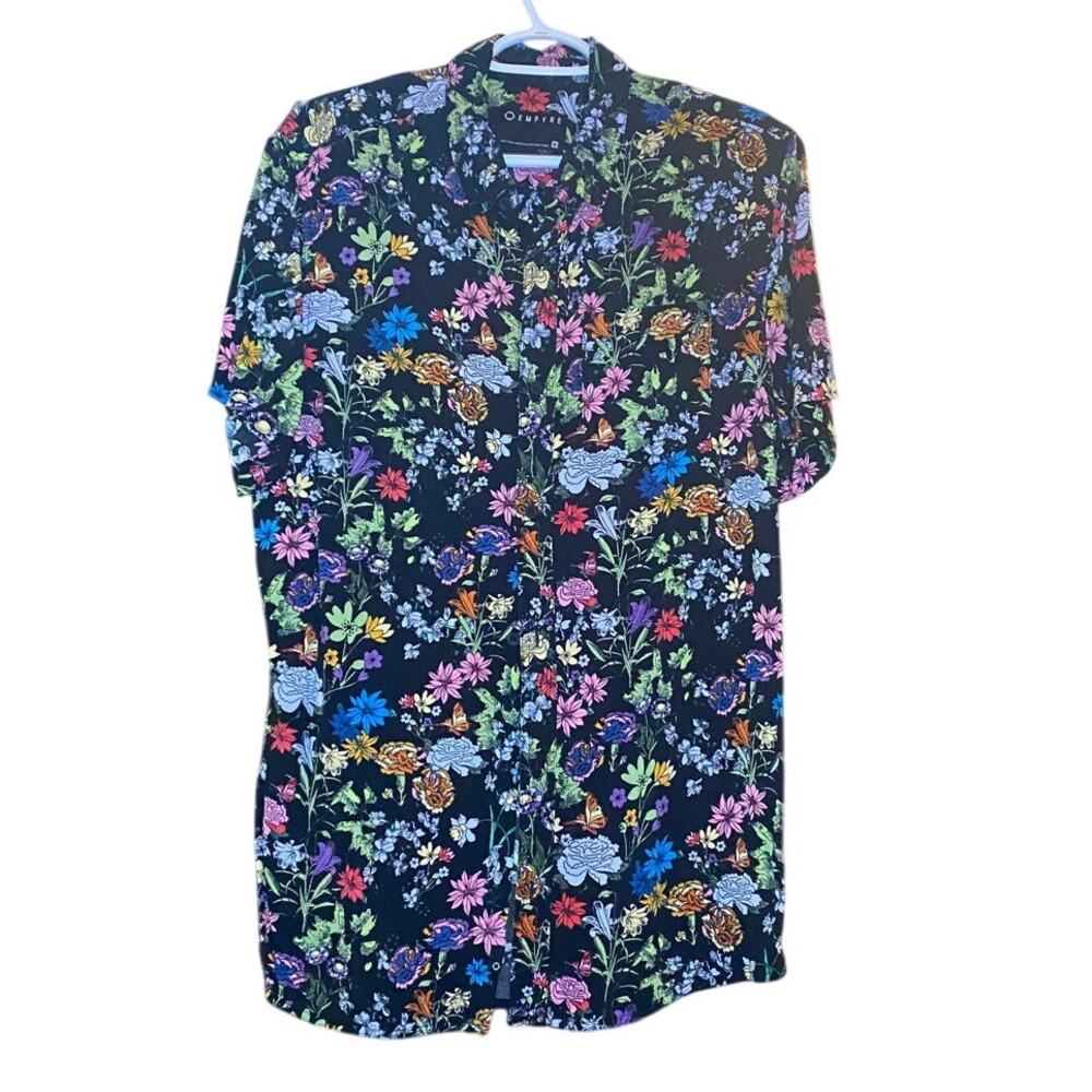 E250 Empyre Medium Black Multicolor Floral Short Sleeve Button Front Shirt - Picture 2 of 7